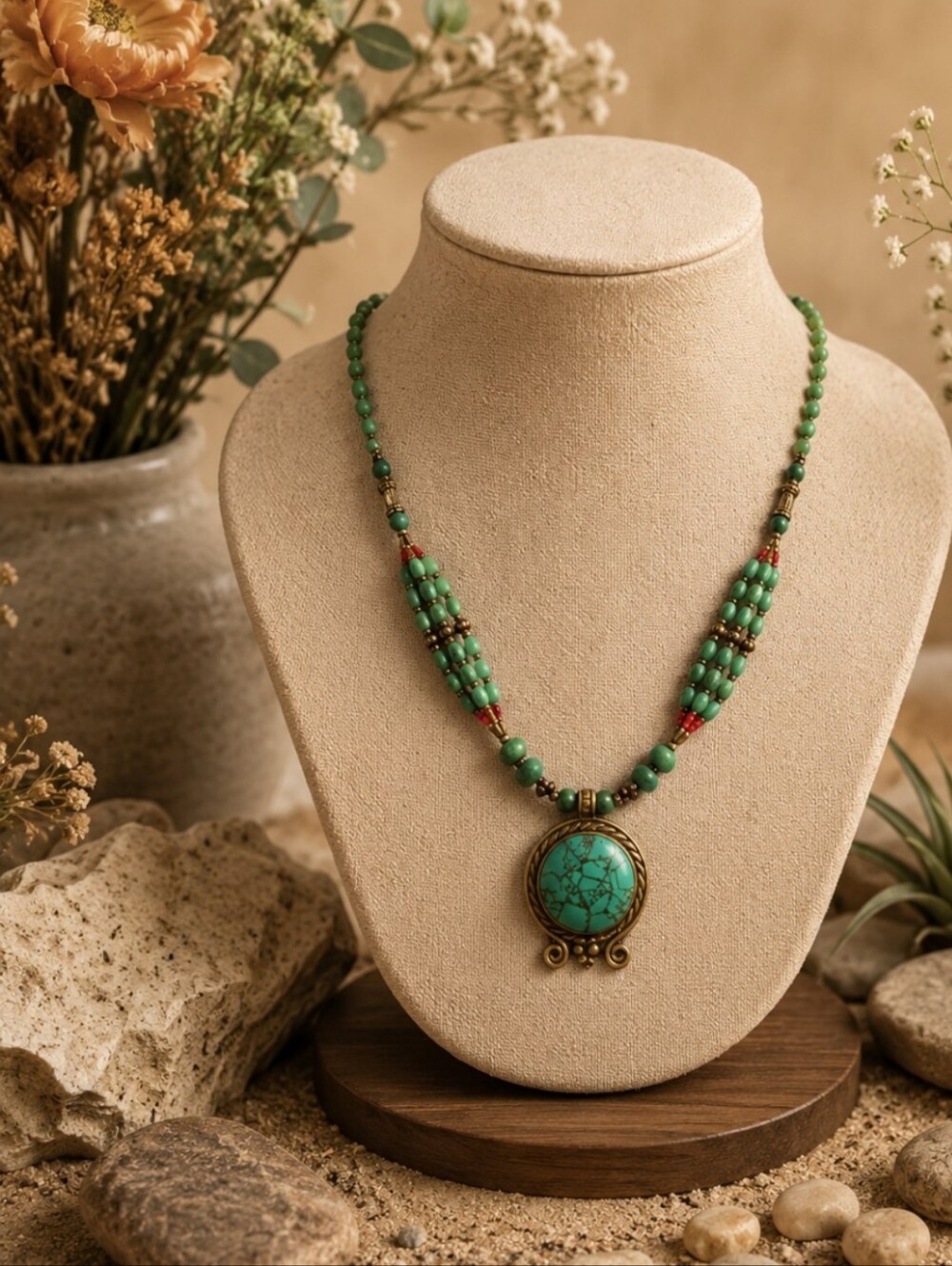 Turquoise Stone Pendant Beaded Necklace - Women Jewelry